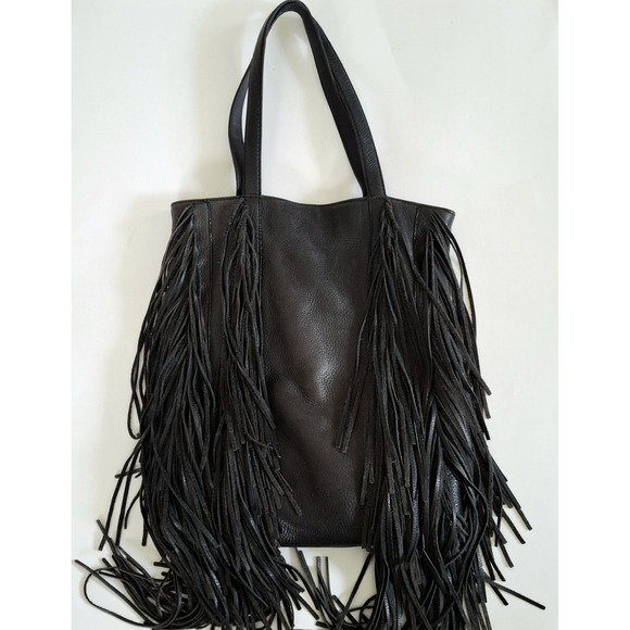Kenneth Cole Handbags - Vintage Kenneth Cole Black Leather Fringe Tote Bag Boho Biker Western Festival
